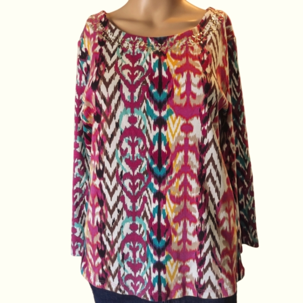 Rafaella Embellished Multicolor long sleeve women's Top Size Med - Picture 3 of 9